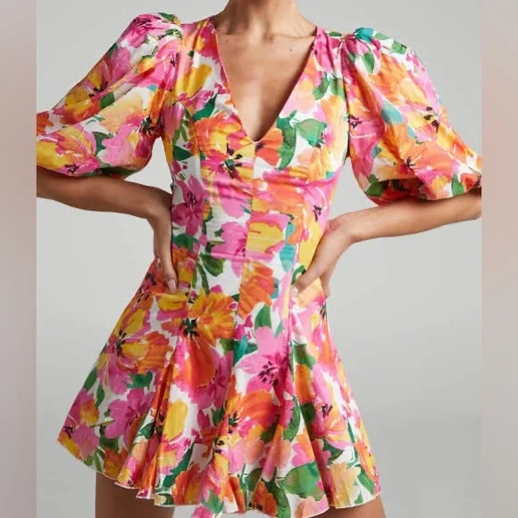 Showpo Floral Mini Dress - Pink, Yellow, Orange - Picture 1 of 4